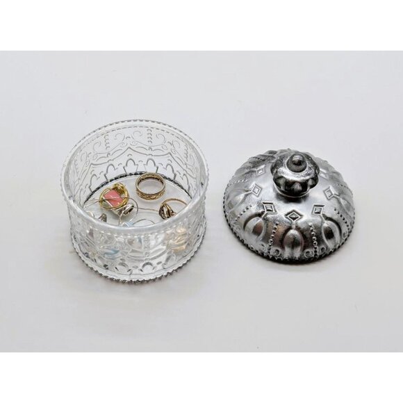 Decorative Small Clear Resin Storage Jar W/Ornate Silver Lid For Jewelry & More - Picture 4 of 7